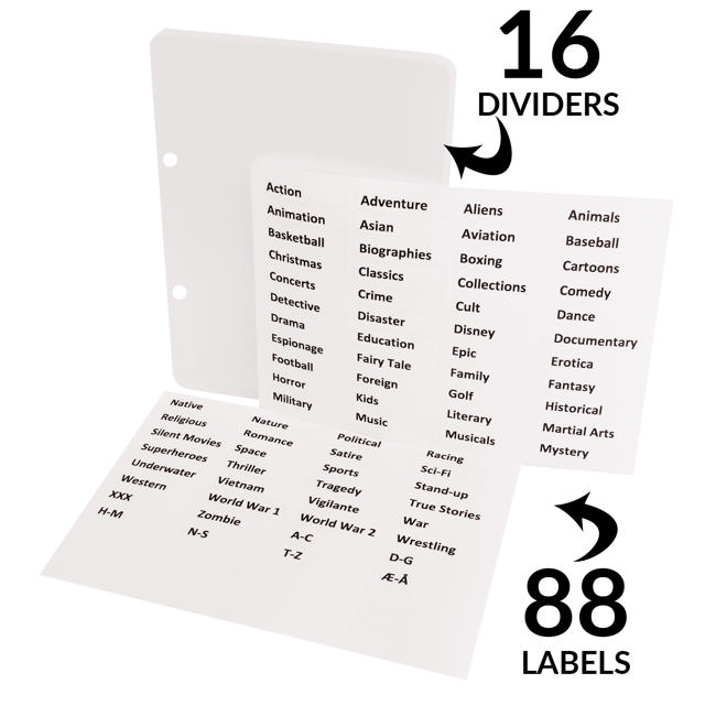 DVD verdelers met ringbandgaten incl. etiketten met voorbedrukte filmgenres