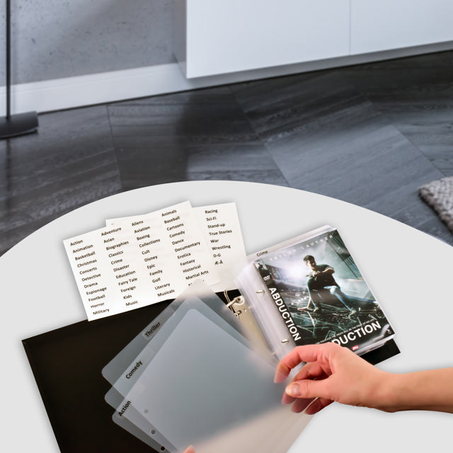 DVD verdelers met ringbandgaten incl. etiketten met voorbedrukte filmgenres