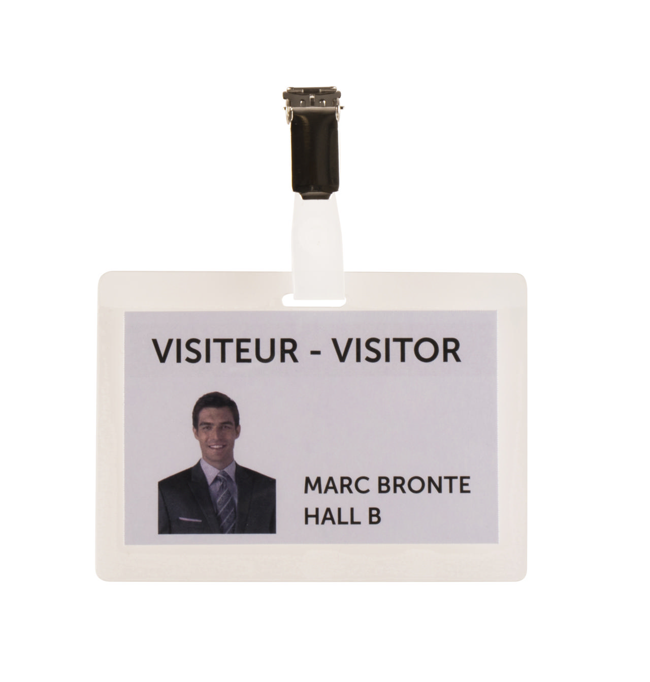 Itsekiinnittyvä nimikyltti, klipsillä, vaakasuora