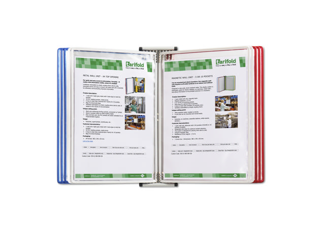 Système de présentation mural métal Tarifold, A4, 10 poches, couleurs FR/UK/NL/CZ