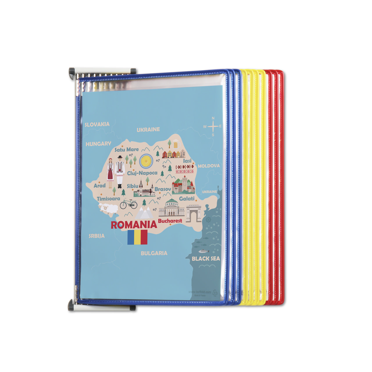 Système de présentation mural métal Tarifold, A4, 10 poches, couleurs de la Roumanie