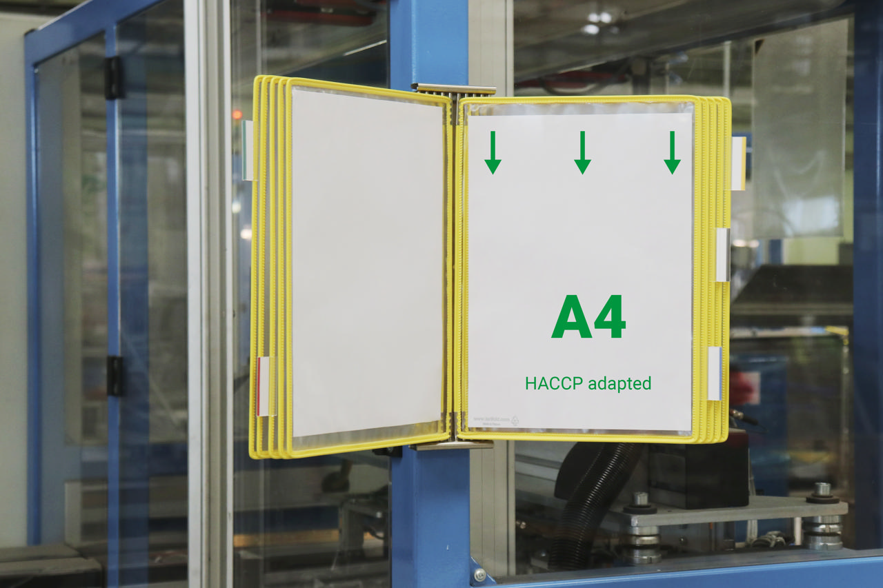 Système de présentation mural inox Tarifold, A4, 10 poches, insertion côté gauche