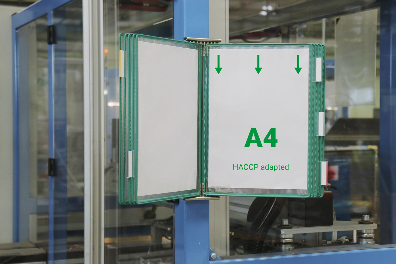 Système de présentation mural inox Tarifold, A4, 10 poches, insertion côté gauche