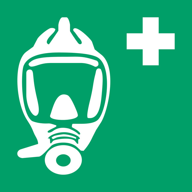 Turvallisuusmerkki Hätäpoistumishengityslaite, 300 x 300 mm