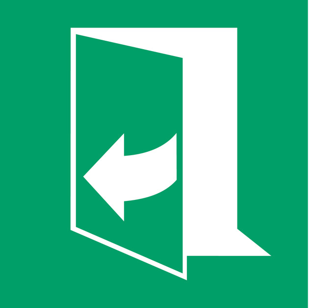 Säkerhetsskylt Dörren öppnas genom att dra på höger sida, 150 x 150 mm